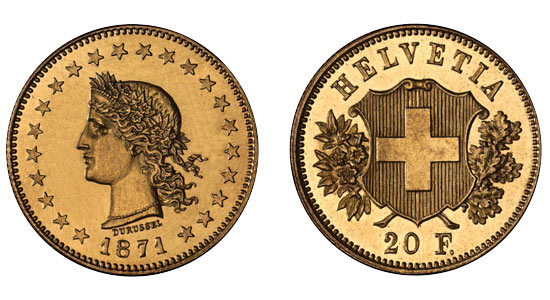 1871 20er 1 Helvetia Goldmünze