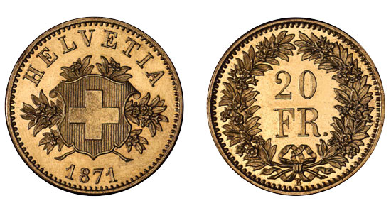 1871 20er 2 Helvetia Goldmünze