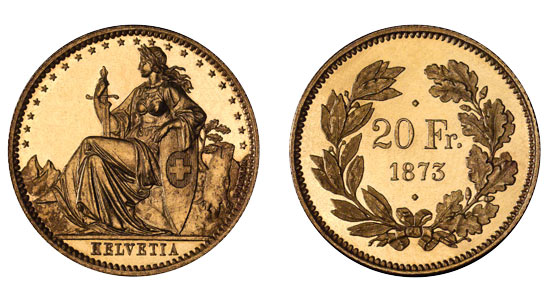 1873 20er 1 Helvetia Goldmünze