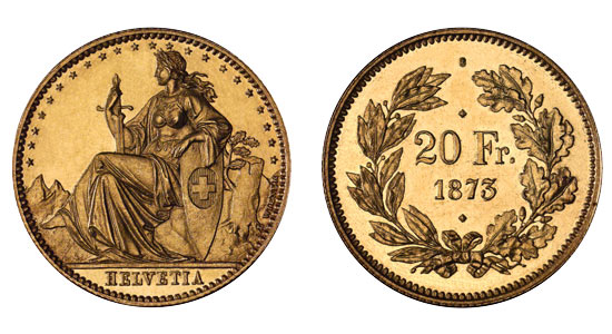 1873 20er 2 Helvetia Goldmünze