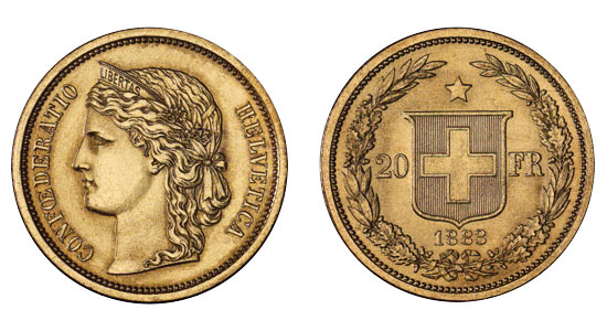 1883 20er Helvetia Goldmünze