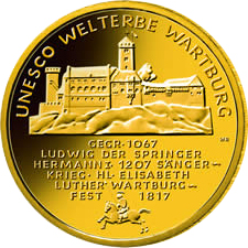 100 Euro Goldm%C3%BCnze UNESCO Weltkulturerbe Warburg Bildseite UNESCO Weltkulturerbe Wartburg 100 Euro Goldmünze