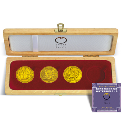 Etui Schilling Goldmünzen und Euro Goldmünzen Kunstschätze Österreichs