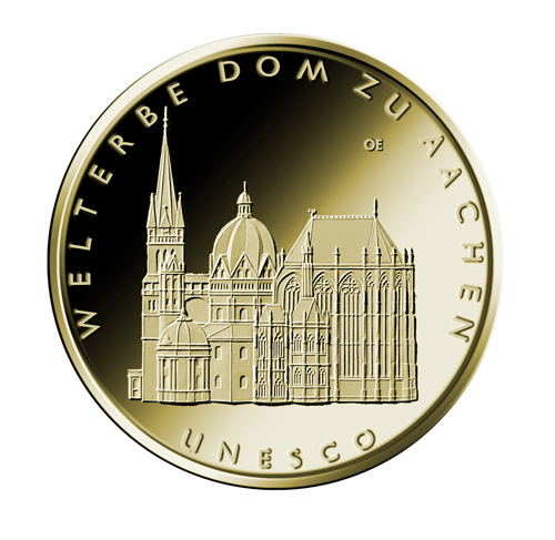 100 Euro Goldmünze UNESO Weltkulturerbe Aachen Bildseite 100 Euro Goldmünze UNESCO Weltkulturerbe Dom zu Aachen