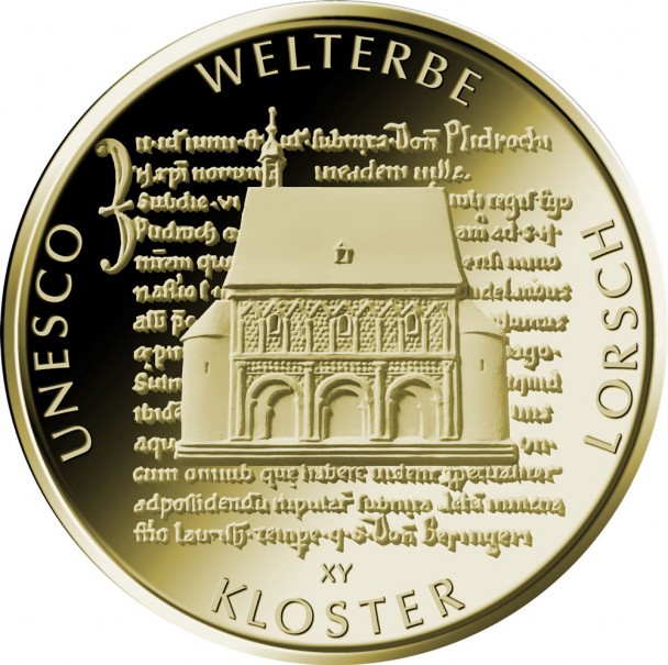 100 Euro Goldmünze UNESCO Welterbe Lorsch Bildseite 608x605 Deutsche Goldmünzen in Euro