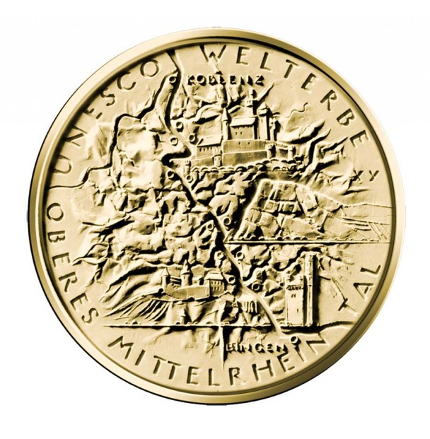 100 Euro Goldmünze UNESCO Weltkulturerbe Oberes Mittelrheintal Bildseite 608x621 100 Euro Goldmünze Oberes Mittelrheintal