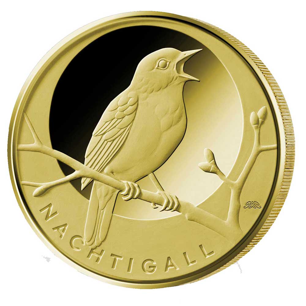 20 Euro Goldmünze Heimische Vögel Nachtigall Bildseite 20 Euro Goldmünze Nachtigall