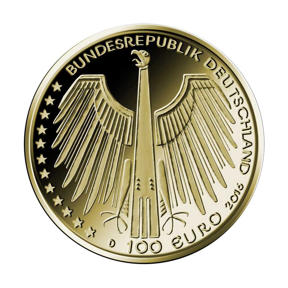 100 Euro Goldmünze UNESCO Welterbe Regensburg Wertseite 100 Euro Goldmünze Regensburg